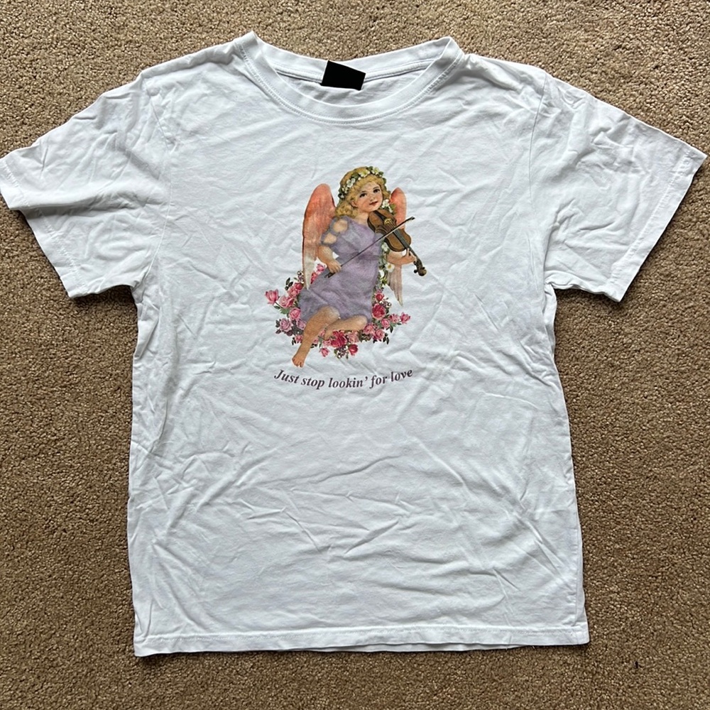 Small white tee “just stop lookin’ for love”, Minga London